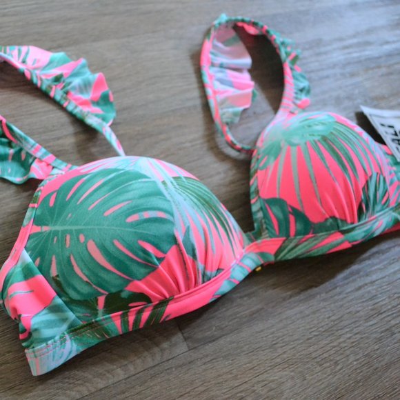 NWT California Sunshine Bust Enhancer Ruffle-Strap Palm Bikini Top Size Large - Picture 4 of 6